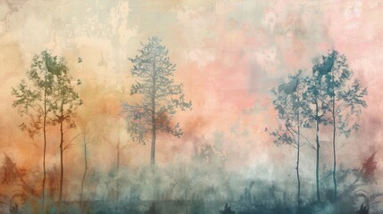 Ethereal Forest Landscape with Colorful Sky and Tall Trees in Abstract Art Style