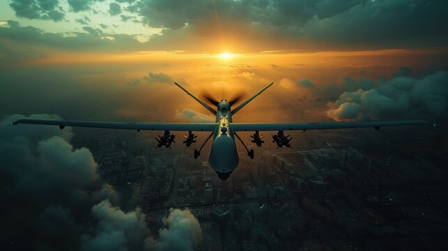 a reconnaissance drone flies over a war zone.