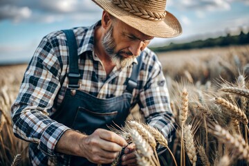 Fototapeta premium a farmer in a hat and plaid shirt in a wheat field 