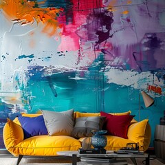 Modern abstract backdrop with splashes of vibrant paint and sleek, contemporary decor