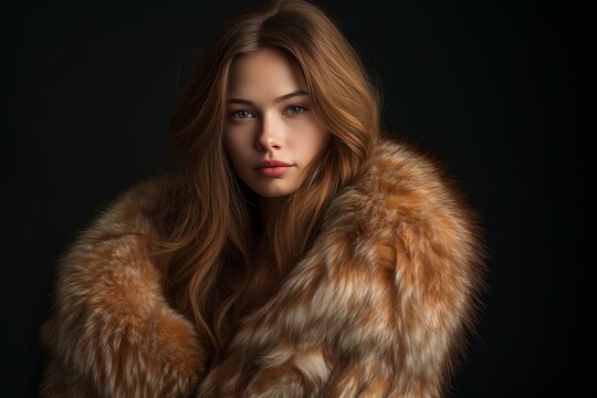 Portrait of a young woman draped in a rich, brown fur coat against a dark background