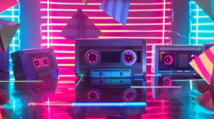 Obraz premium Retro 80s backdrop with neon lights, cassette tapes, and vibrant geometric shapes