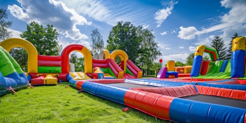 Brightly colored inflatable slide set up in a park, ready for children to enjoy outdoor fun and playtime.