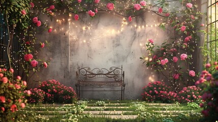 Romantic garden backdrop with blooming roses, fairy lights, and a wrought iron bench