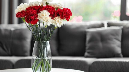 Simple black and white room with a vibrant arrangement of red and white carnations in a clear vase