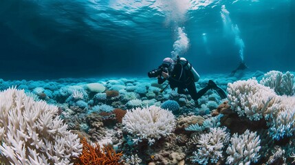 An expert underwater photographer immersed in ocean depths, skillfully capturing vibrant marine species amidst stunning aquatic landscapes.
