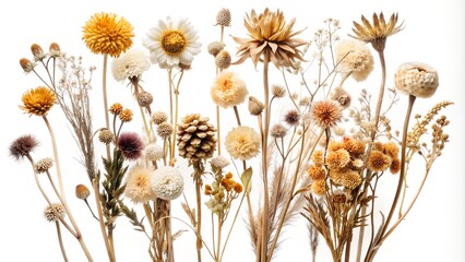 Obraz premium dried flowers, flowers on a white background in pastel colours 