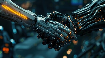 A robot hand shaking a human hand, symbolizing AI and the futuristic digital age.

