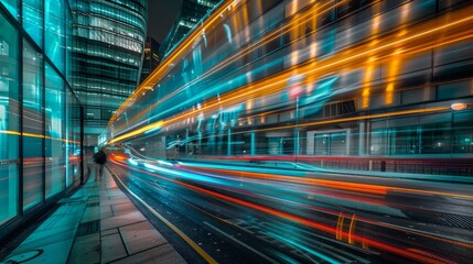 Fototapeta premium Light trails on a background of modern buildings, illustrating fast movement and urban life.