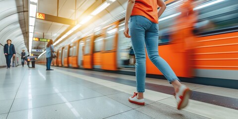 Obraz premium Close-up photo of people walking to catch the train at a station. Travel and transport rush-hour concept.