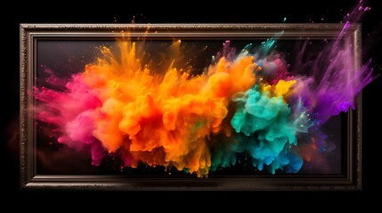 Brown Product Display Frame with Colorful Explosion of Powder Paint. Holi festival in India world art day	