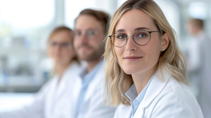 Fototapeta premium Doctors at a meeting, portrait of a young woman at a meeting in the office, selective focus