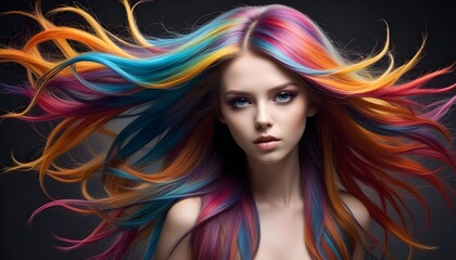 Fototapeta premium Creative colorful long hair style, creative mind and matellic colours explosion