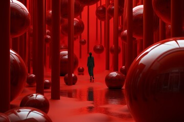 Lone figure stands amidst a surreal landscape of glossy spheres and red columns