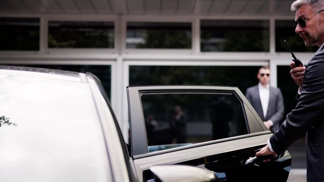 VIP Protection Service: Bodyguards Securely Assist Businessman Entering High-End