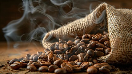 Fototapeta premium Burlap sack with roasted coffee beans and steam on wooden background. Food and drink concept for design and print