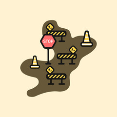 Construction works icon. Road warning sign vector. icon for error on a website page. Set of construction equipment and protection.Prohibitory construction fence icon. Danger barrier vector.