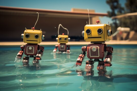 Three cute robots enjoying a sunny day in a pool, playful and cheerful with water splashes