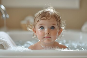 Delicate newborn's first bath moment.