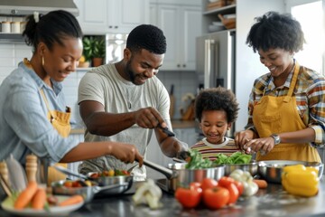 Multi ethnic and generational family cooking in kitchen together, Generative AI
