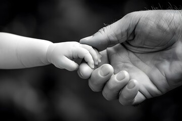 Baby's delicate hand holds parent's finger.