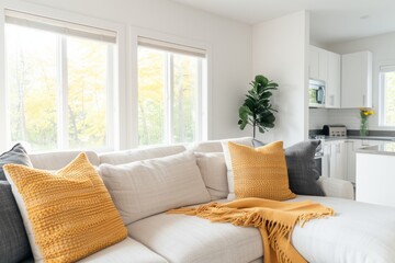 Fototapeta premium Modern Living Room with Bright Natural Light and Autumn View