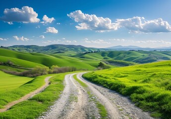 Fototapeta premium Beautiful green landscape with a path, rolling hills and a blue sky in summer