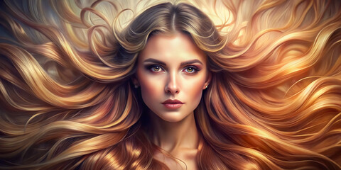 Fototapeta premium Vibrant 8K HD wallpaper featuring a stunning portrait of a woman's hair, with luscious locks flowing in gentle waves, surrounded by soft, dreamy light and subtle shadows.