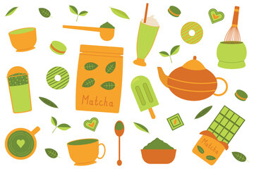 Matcha tea. A set of elements for a tea ceremony for preparing matcha with desserts. Vector illustration.