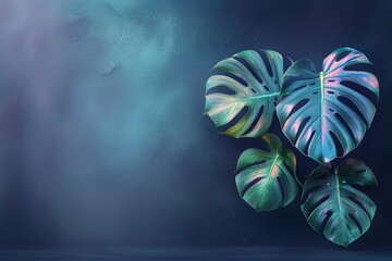 Obraz premium Luminous Neon Monstera Leaves on Dark Blue Background