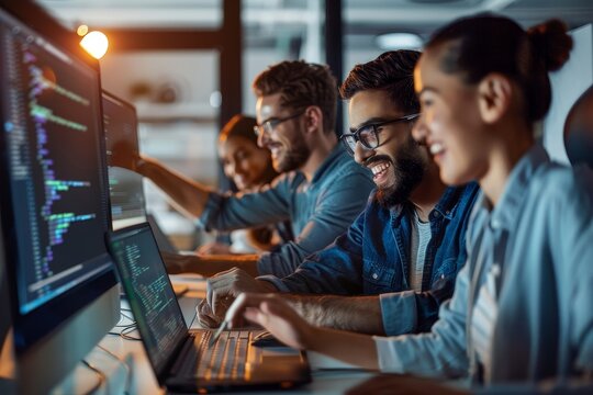 Successful happy group of people learning software engineering and business during presentation, Generative AI