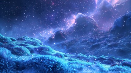 Mystical Cosmic Landscape with Starry Sky and Glowing Alien Terrain