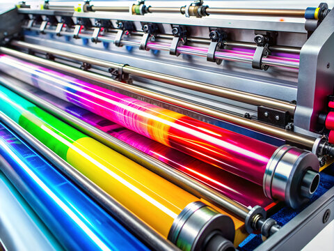 Close-up of modern industrial printing machine with vibrant colorful inks and metallic components, showcasing high-speed printing process with precision and accuracy.