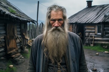 Portrait of a senior man with a gray beard standing in a traditional village