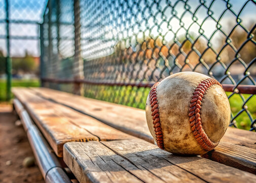 Weathered baseball rests alone on a worn wooden bench, surrounded by rustic chain-link fencing, with a blurred outfield background, evoking nostalgic baseball nostalgia scenes.