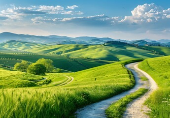 Obraz premium Beautiful green landscape with a path, rolling hills and a blue sky in summer