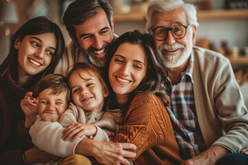 Fototapeta premium Cheerful multi-generation family having fun while spending time together at home, Generative AI