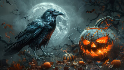 A crow sitting beside a glowing Jack-o'-lantern in a dark, rainy forest setting, creating a spooky Halloween atmosphere
