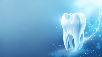 Banner with a healthy tooth on a blue background. Dental health and medical care protection concept.