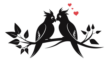 Romantic Cockatiel Couple Silhouette on Branch Vector Illustration