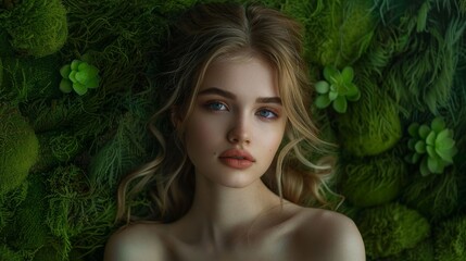 Fototapeta premium Portrait of a Young Woman with Blonde Hair and Natural Makeup on Green Moss Background