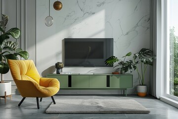 Mockup a TV wall mounted on green cabinet with yellow armchair in living room with a white wall, Generative AI