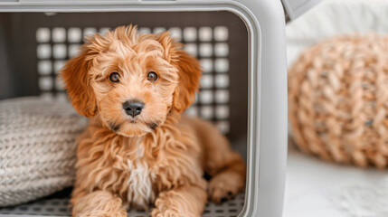 Dog sitting inside a crate, symbolizing pet care and travel safety. Ideal for pet, travel, and lifestyle themes. Concept of cute and secure pet transportation.