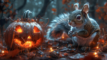 Obraz premium A squirrel sitting beside a glowing Jack-o'-lantern in a dark, rainy forest setting, creating a spooky Halloween atmosphere 