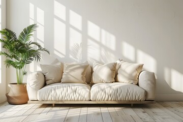 Bright and cozy modern living room interior have sofa and plant with white wall, Generative AI