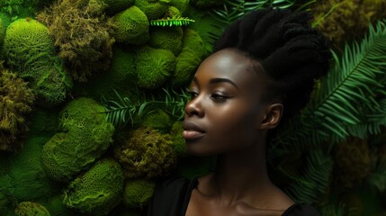 Woman Posing Against Lush Green Moss Wall with Ferns