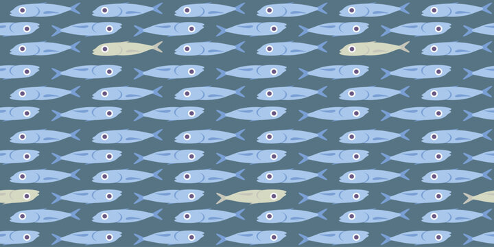 Seamless vector repeating pattern with a group of blue and yellow fish of different species. A school of small sea fish. Ocean, river, tropical background for restaurant menu in flat style