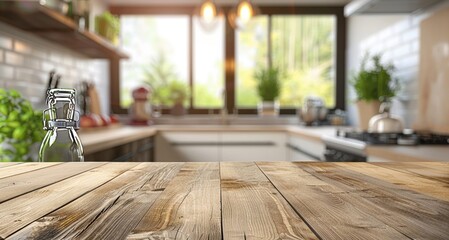 Wooden table top on blur kitchen room background,Modern Contemporary kitchen room interior, Generative AI