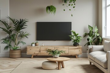 Cabinet for TV on the cream color wall in living room,minimal design, Generative AI