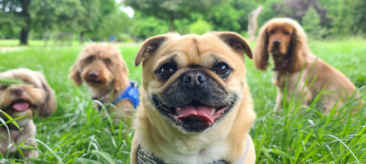 Obraz premium A pack of cute and happy dog friends of various breed, age and size are hanging out together in a green park on a sunny day enjoying their group dog walk - dog walking, pet sitting, dog day care
